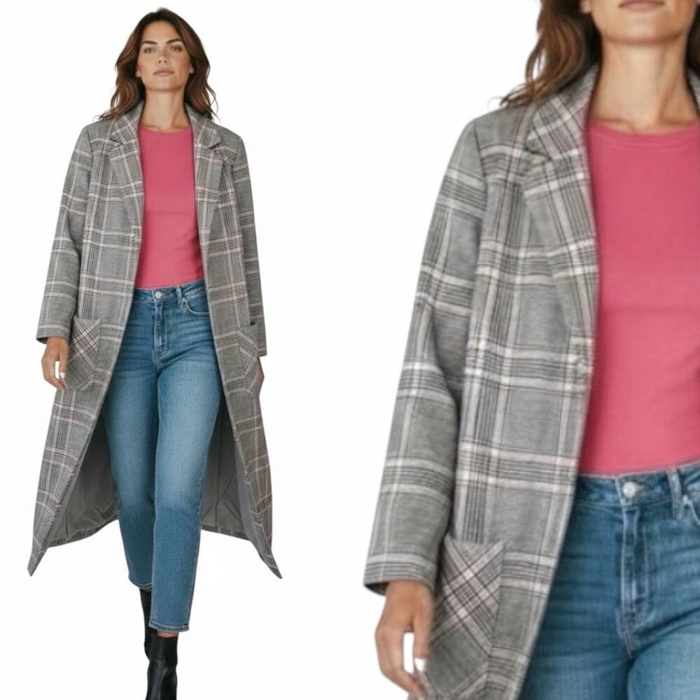 Topshop Plaid Longline Lightweight Coat Gray Pink Check US 2 /EU 34/ UK 6